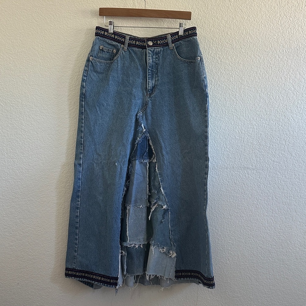 Y2K Baccini Blue Flare Skirt with Distressed Hem